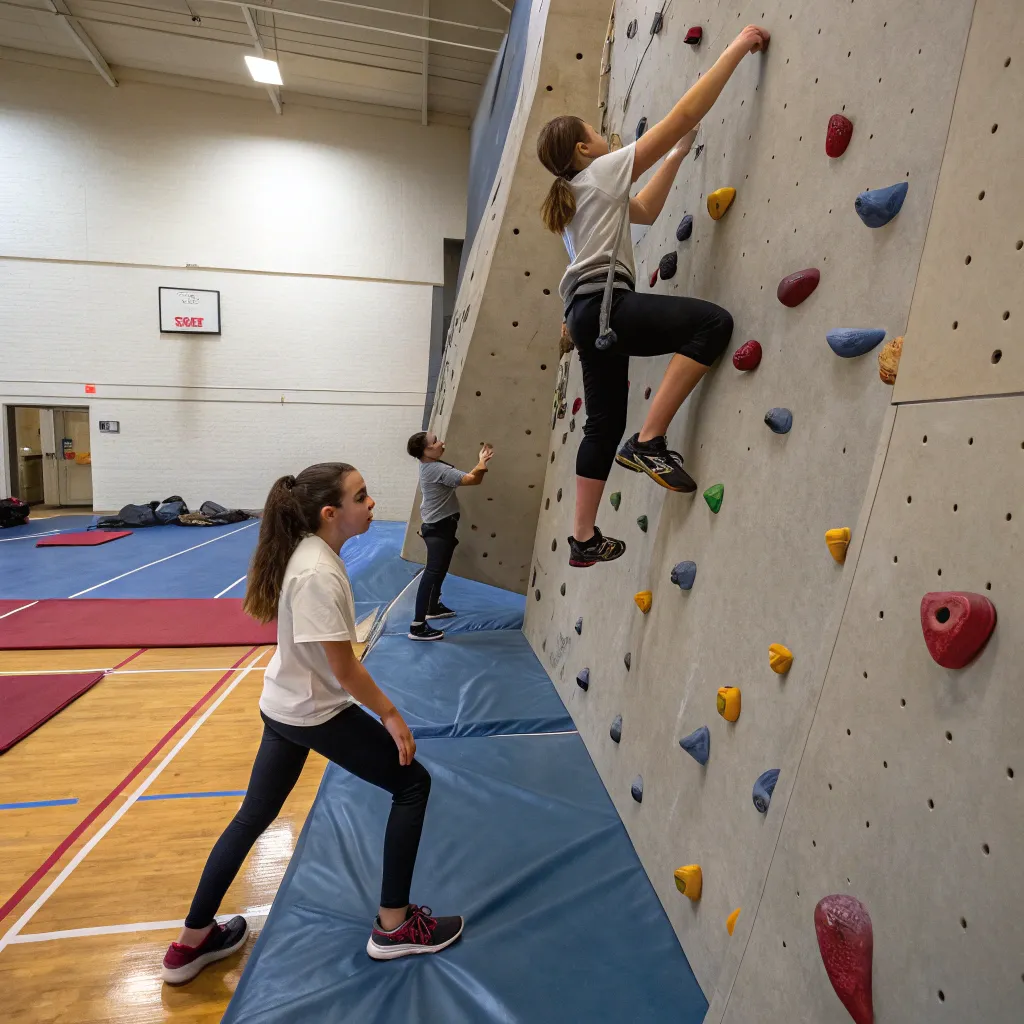 Climbing wall with students